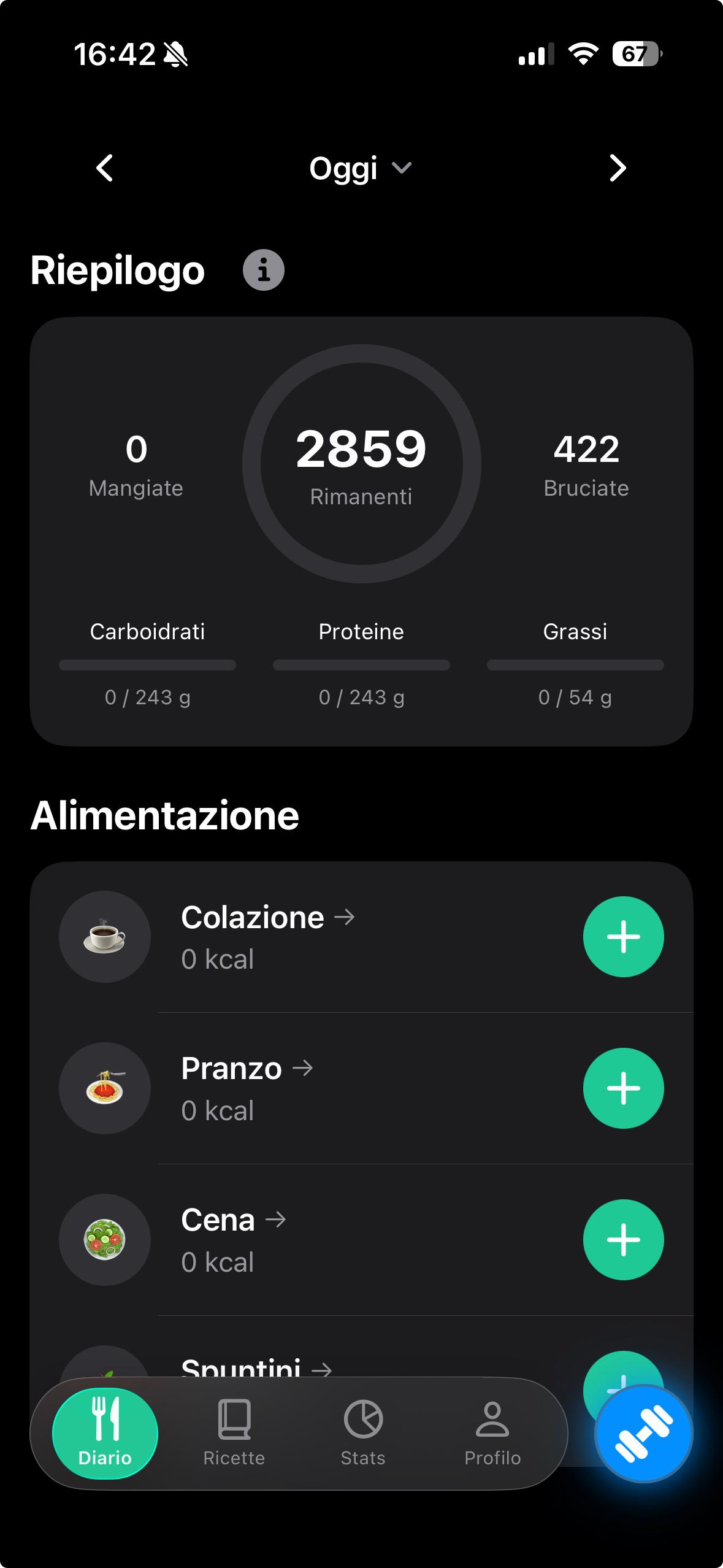 Diario alimentare con riepilogo calorie e macro
