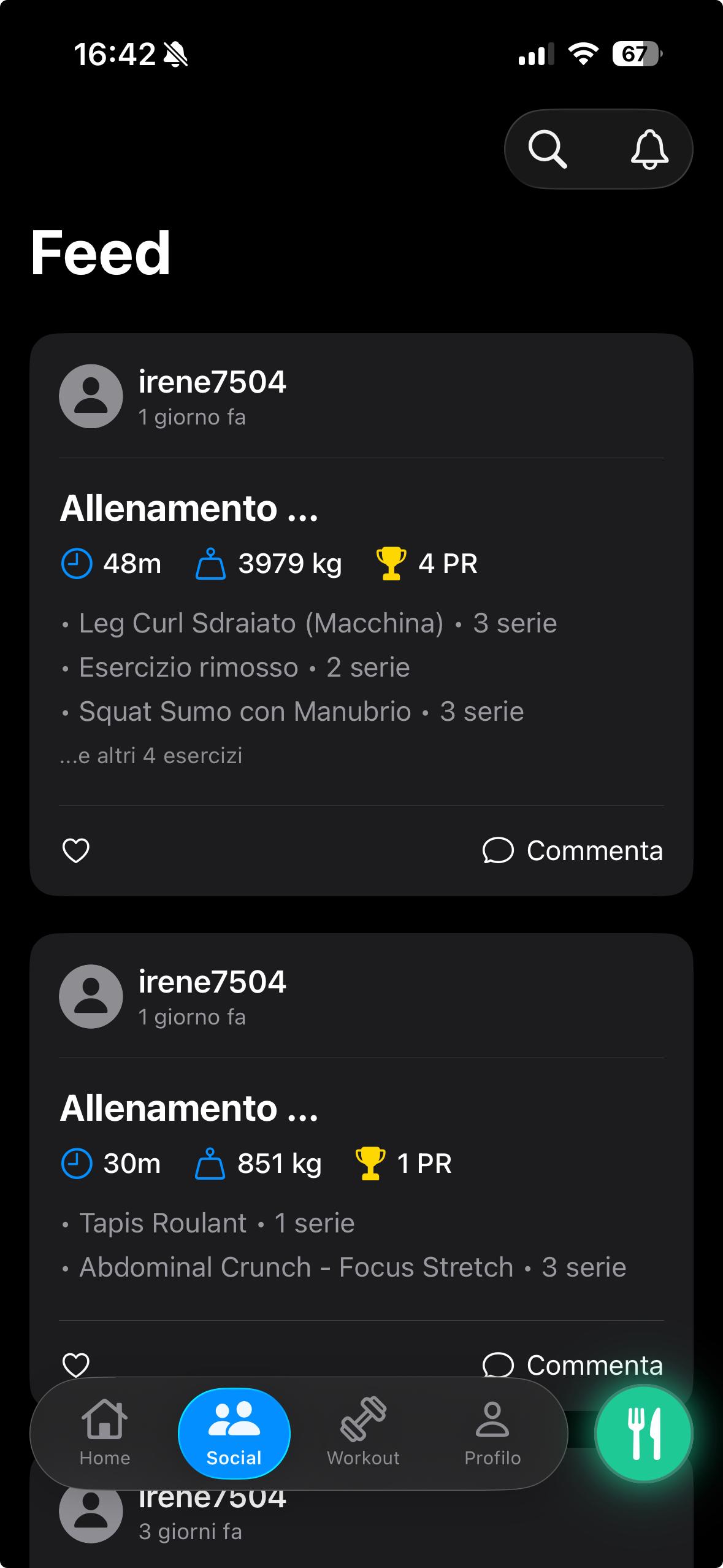 Feed social con gli allenamenti degli amici